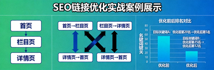 SEO链接优化实战案例展示，包含网站架构图、链接流向示意图和优化前后的排名对比图表