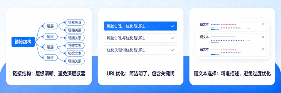 SEO友好链接优化概念图，展示链接结构、URL优化和锚文本选择的视觉示意图